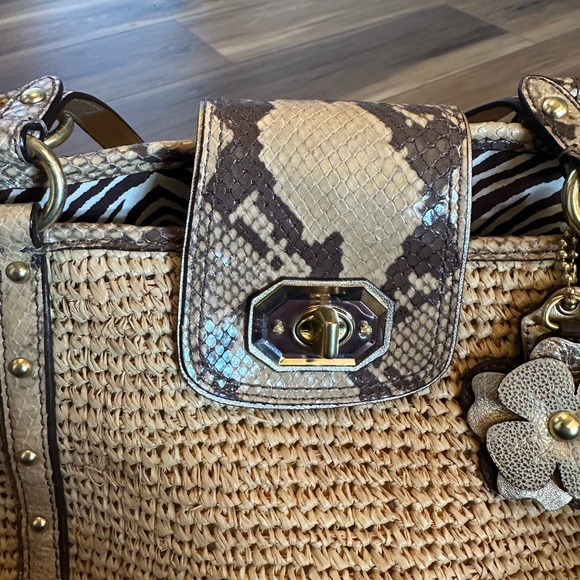 Coach Natalie Tan Straw Satchel w Python Print Leather Trim Tote Handbag - Picture 7 of 12